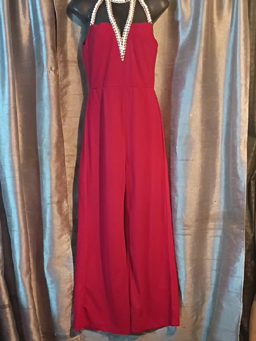 Beaded Halter Wide-Leg Jumpsuit in Deep Red